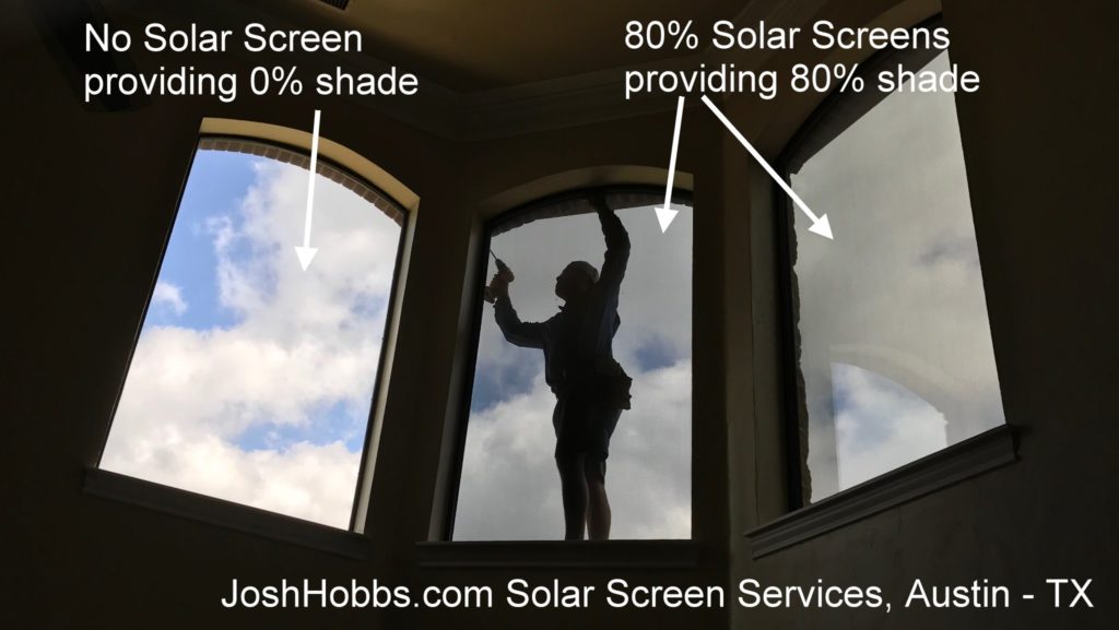 Looking though solar screens made out of the 80% fabric. The two windows on the right have 80% solar screens. The left window does not have a solar screen. Look how clear (how well) you can see through this 80% fabric.