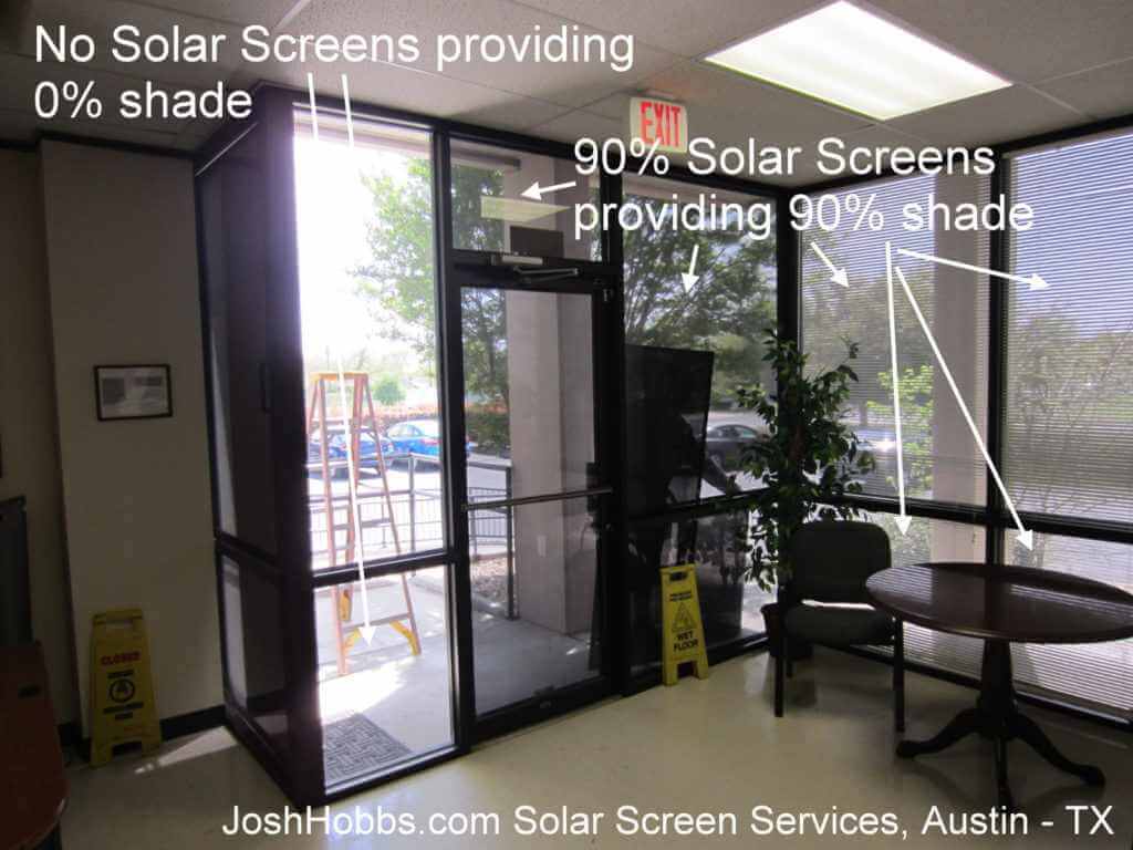 Looking though solar screens made out of the 90% fabric. The set of windows to the left do not have solar screens. The windows from the door up and to the right have our 90% solar screens.