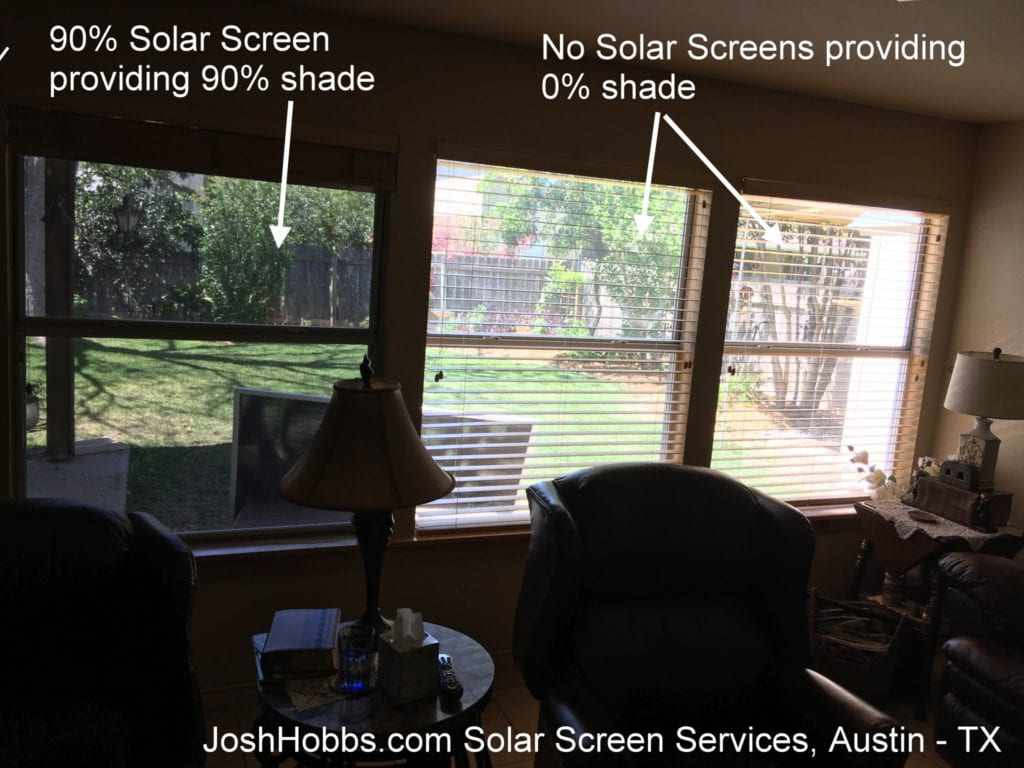 This picture shows how well you can see through the solar screens looking out from the inside. The left window is shaded by a 90% solar screen. the right two windows are not shaded at all.