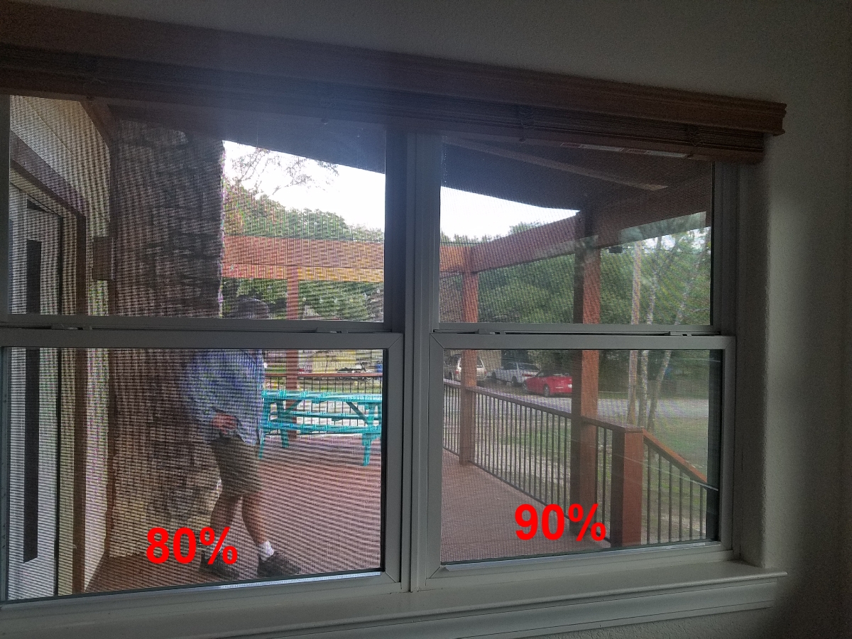 Side by side comparison of 80% vs 90% solar screens.