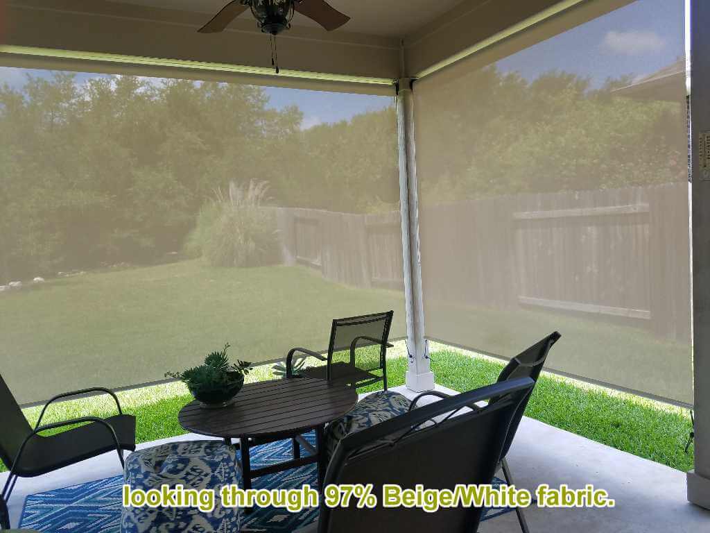 Visibility, looking through our 97% Beige/White solar sun shade fabric.