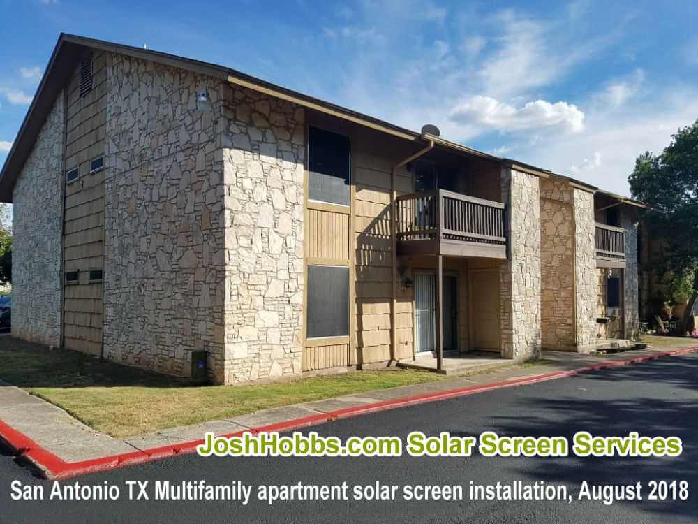 Black 90% fabric with silver framed multifamily solar screens San Antonio Texas sun shade screen August 2018 job.