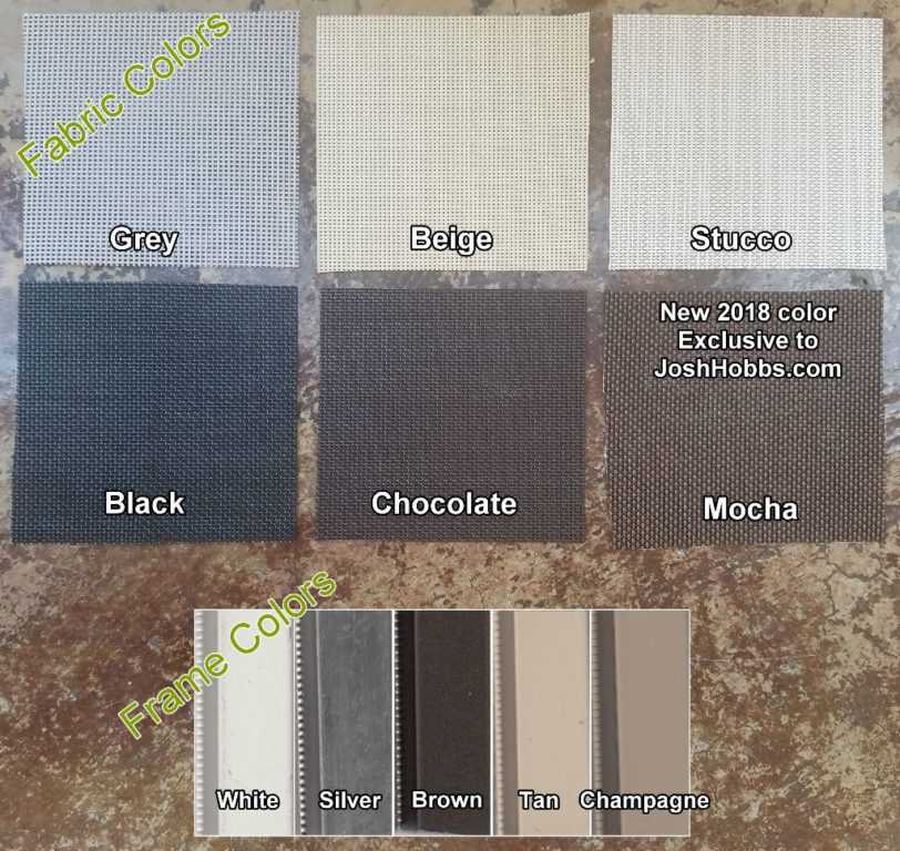 My fabric and frame color options to make apartment solar screens out of.