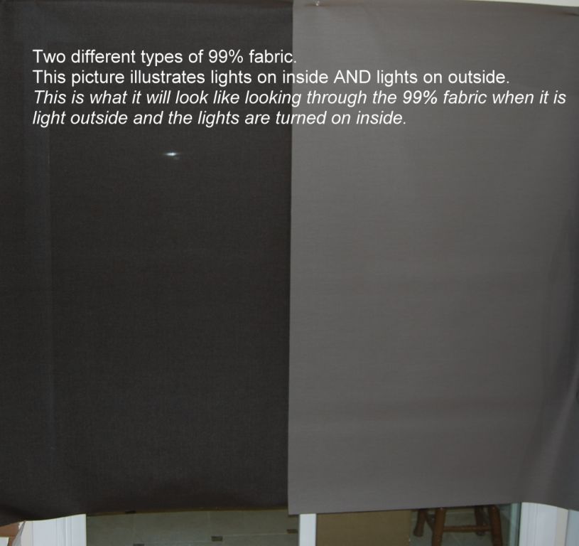 Two different 99% solar shade fabrics simulating daytime privacy.